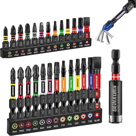 ERUCND-Geinxurn Impact Screwdriver Bits Set, 26Pcs 2 3 Phillipes/Torx/Square/Slotted Magnetic S2 Steel Driver Bits Set and 1pc Impact Bit Holder with Color Coded Base