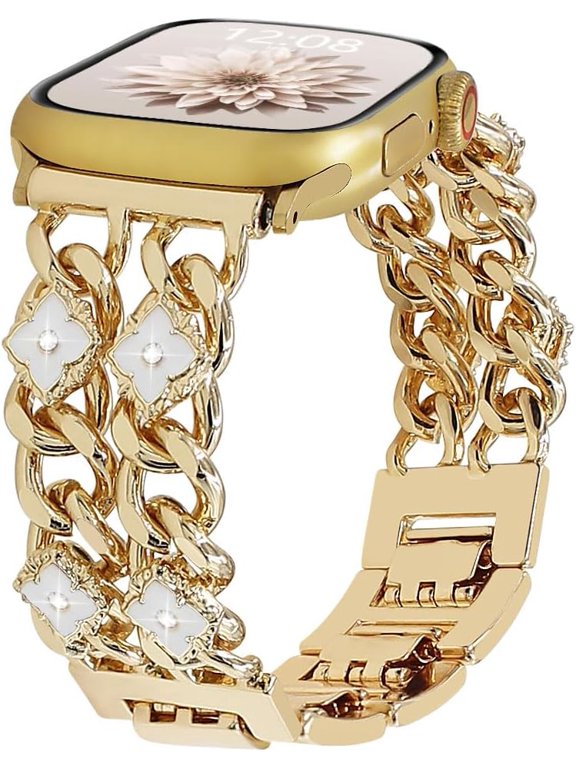-Metal Band Compatible with Apple Watch Bands 40 41 42 44 45 46 49 38mm Women,Clover Cuban Link Chain Wristband for iWatch Series 11 10 9 8 7 6 5 4 SE/Ultra 3 2