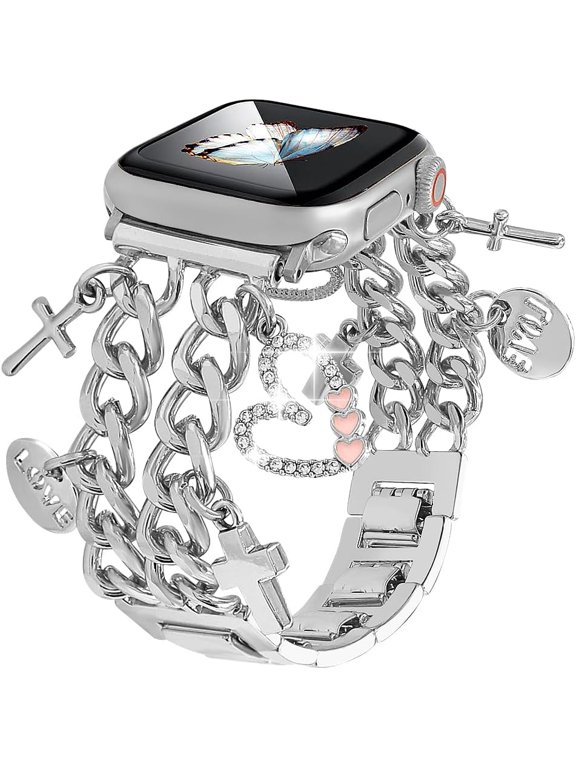 -Metal Band Women Compatible with Apple Watch Bands 42 44 45 46 49mm 38 40 41mm,Stylish Cuban Chain Wristband with Cute Charms Pendants for iWatch Series 11 10 9 8 7 6 5 4 SE/Ultra 3 2 1