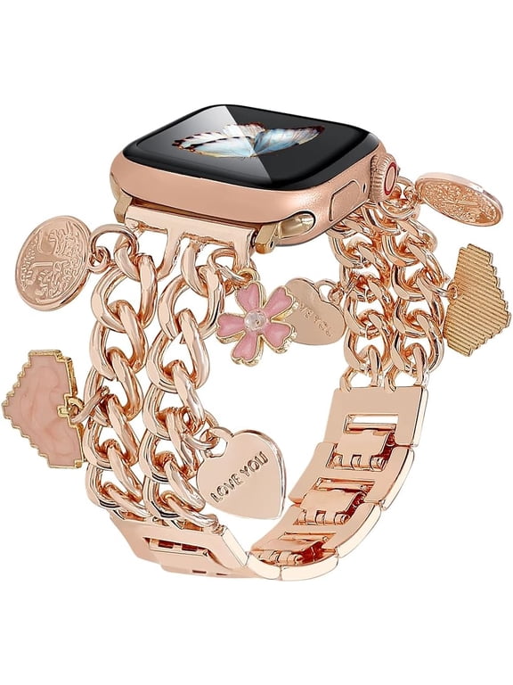 -Metal Band Women Compatible with Apple Watch Bands 42 44 45 46 49mm 38 40 41mm,Stylish Cuban Chain Wristband with Cute Charms Pendants for iWatch Series 11 10 9 8 7 6 5 4 SE/Ultra 3 2 1
