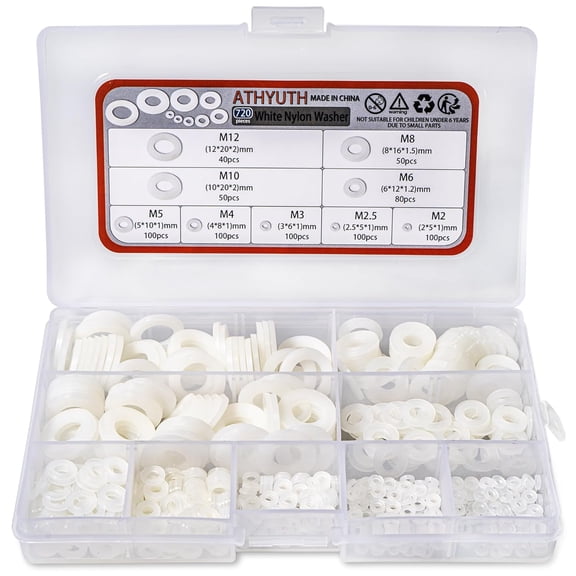 ERUCND-Nylon Flat Washers Assortment Kit for Mechanical and Electrical Use, 9 Sizes White Plastic Washers for M2 M2.5 M3 M4 M5 M6 M8 M10 M12 Screw and Bolt, 720 Pcs Nylon PA66 Insulating Washers