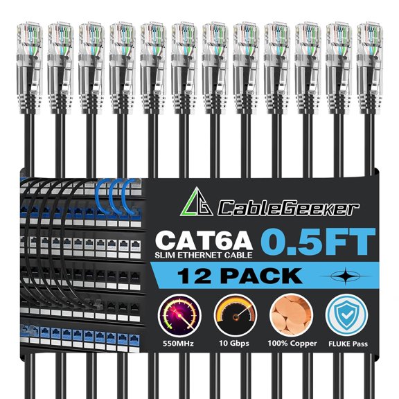 ERUCND-Patch Cables Cat6a 0.5ft (12 Pack) Slim, Cat6 Ethernet Patch Cable 10G Support, Snagless RJ45 Cat 6 Patch Cable for Patch Panel to Switch, Flexible Network Cable - 0.5 Feet Black