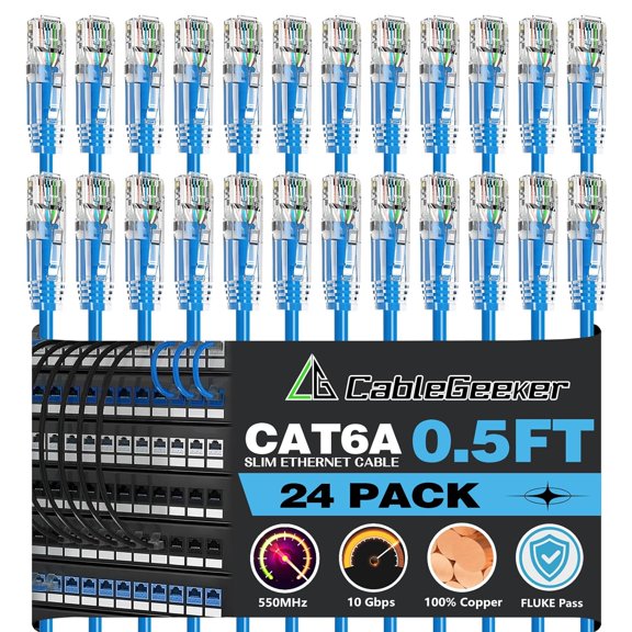 ERUCND-Patch Cables Cat6a 0.5ft (24 Pack) Slim, Cat6 Ethernet Patch Cable 10G Support, Snagless RJ45 Cat 6 Patch Cable for Patch Panel to Switch, Flexible Network Cable - 0.5 Feet Blue