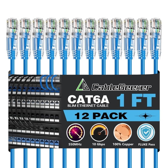 ERUCND-Patch Cables Cat6a 1ft (12 Pack) Slim, Cat6 Ethernet Patch Cable 10G Support, Snagless RJ45 Cat 6 Patch Cable for Patch Panel to Switch, Flexible Network Cable - 1 Feet Blue