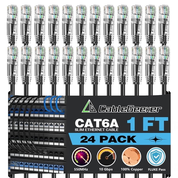 ERUCND-Patch Cables Cat6a 1ft (24 Pack) Slim, Cat6 Ethernet Patch Cable 10G Support, Snagless RJ45 Cat 6 Patch Cable for Patch Panel to Switch, Flexible Network Cable - 1 Feet Black