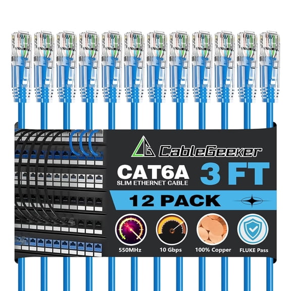 ERUCND-Patch Cables Cat6a 3ft (12 Pack) Slim, Cat6 Ethernet Patch Cable 10G Support, Snagless RJ45 Cat 6 Patch Cable for Patch Panel to Switch, Flexible Network Cable - 3 Feet Blue