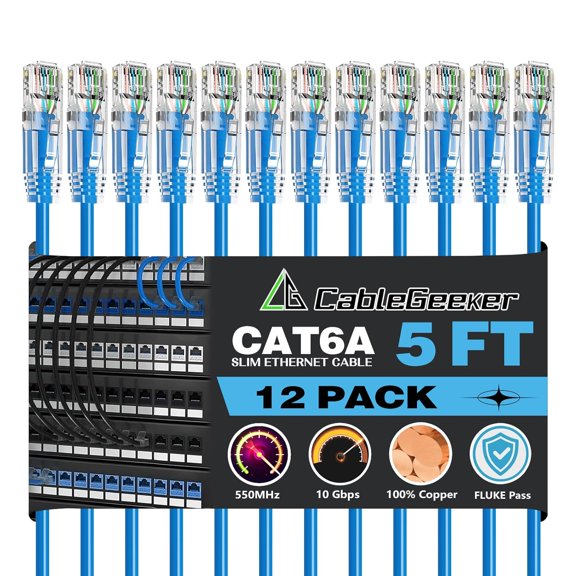 ERUCND-Patch Cables Cat6a 5ft (12 Pack) Slim, Cat6 Ethernet Patch Cable 10G Support, Snagless RJ45 Cat 6 Patch Cable for Patch Panel to Switch, Flexible Network Cable - 5 Feet Blue