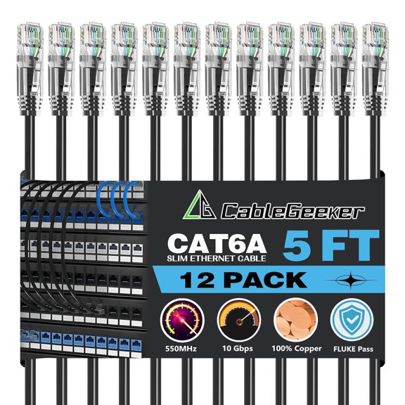 ERUCND-Patch Cables Cat6a 5ft (12 Pack) Slim, Cat6 Ethernet Patch Cable 10G Support, Snagless RJ45 Cat 6 Patch Cable for Patch Panel to Switch, Flexible Network Cable - 5 Feet Black