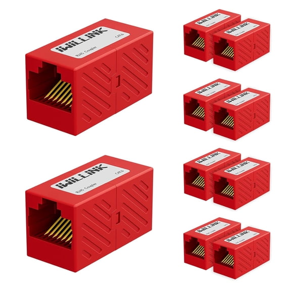ERUCND-RJ45 Coupler Ethernet Connector, Female to Female RJ45 Connector for Cat7 Cat6 Cat5e Cat5 Ethernet Cable, Extender Adapter, 10 Pack, Red