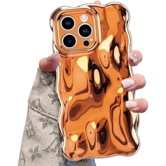 ERUCND-Ripple Case for iPhone 15 Pro Max, Cute Silver Cover Wave Shape for iPhone Case Pretty Aesthetic 3D Phone Cover, Water Ripple Shell 3D Chrome Design for Women and Girl, Silver Orange