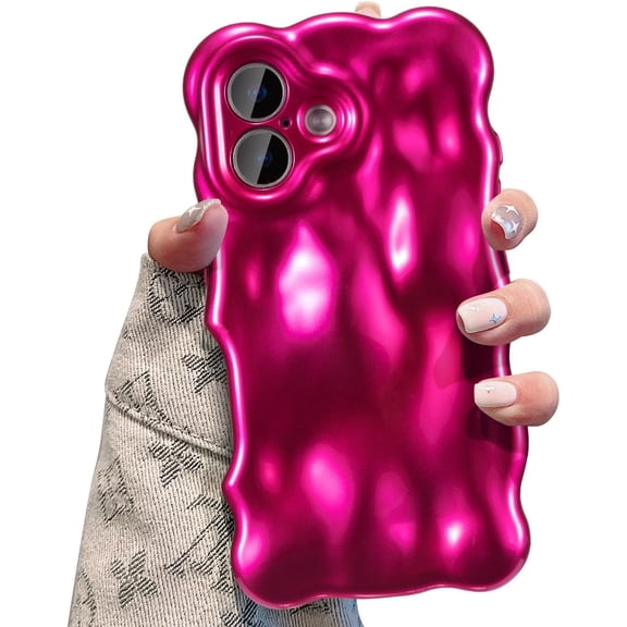 ERUCND-Ripple Case for iPhone 17, Cute Silver Cover Wave Shape for iPhone Case Pretty Aesthetic 3D Phone Cover, Water Ripple Shell 3D Chrome Design for Women and Girl, Hot Pink