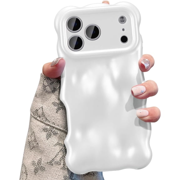 ERUCND-Ripple Case for iPhone 17 Pro Max, Cute Silver Cover Wave Shape for iPhone Case Pretty Aesthetic 3D Phone Cover, Water Ripple Shell 3D Chrome Design for Women and Girl, Pearl White