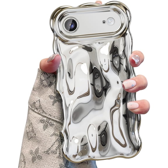 ERUCND-Ripple Case for iPhone Air, Cute Silver Cover Wave Shape for iPhone Case Pretty Aesthetic 3D Phone Cover, Water Ripple Shell 3D Chrome Design for Women and Girl, Silver