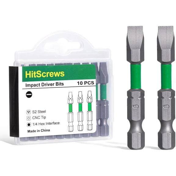 ERUCND-SL6 Slotted Screwdriver Bits, 2 Inch Flat Head Impact Rated Bits, High Torque Magnetic S2 Steel, 1/4" Hex Shank for Drill & Impact Driver, Flat Head Bit for Woodworking & Construction | 10-Pac