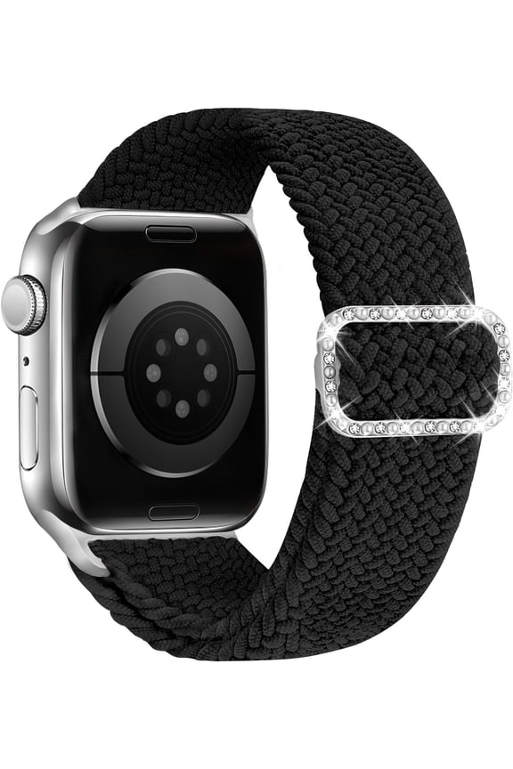 -Stretchy Solo Loop Compatible with Apple Watch Band 46mm 49mm 45mm 44mm 42mm, Nylon Strap with Pearl and Diamond Buckle for iWatch Series 11 10 9 8 7 6 5 4 3 2 1 SE Ultra (Black/Silver)