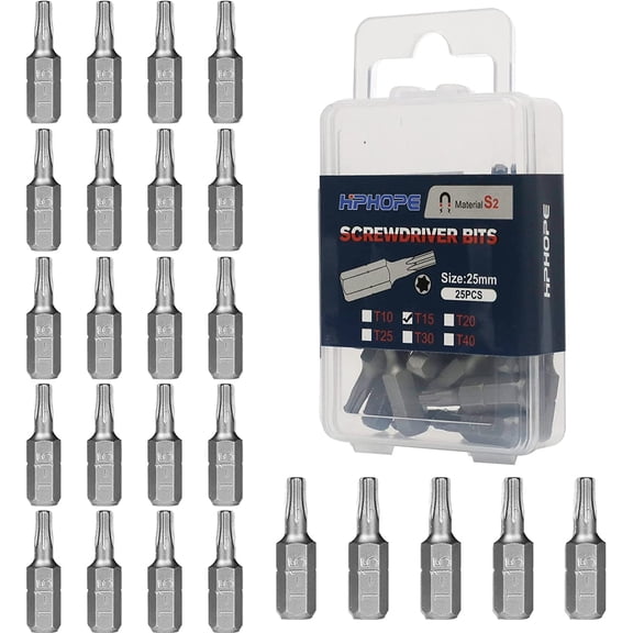 ERUCND-T15 Screwdriver Bit Set, Torx Bits T15, 1/4" Hexagon Bit (Length: 1", 25 Pack)