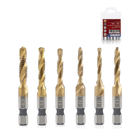 ERUCND-Titanium Combination Drill and Tap Bits Set, 6 PC SAE Screw Taps, 3-in-1 Bit Tool for Drilling, Tapping and Countersinking