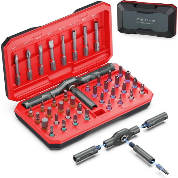 ERUCND-Upgraded 42 in 1 Magnetic Screwdriver Set, DIY Ratchet Screwdriver Set, Multi Bit Magnetic Drive with 40 PCS Portable Repair Tool Kit for Valentine's Day Gifts Home, Bike, Repairs (Red)