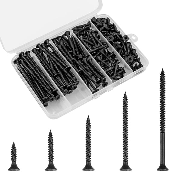 ERUCND-Wood Screws Assortment Kit, 168 PCS #6 Black Flat Head Phillips Self-Tapping Screws, High Hardness Carbon Steel, 5 Sizes (1/2", 1", 1-1/4", 2", 3") for Wood, Drywall, Slate