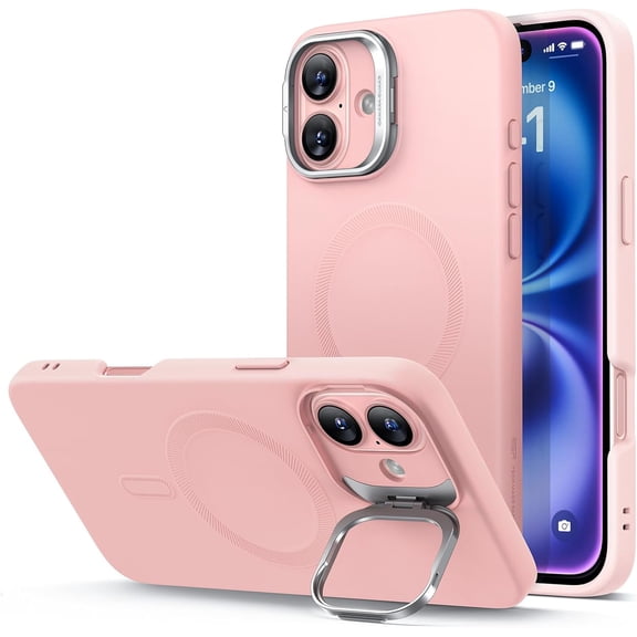 ERUCND-for iPhone 16 Pro Case, Silicone Case with Stand, Compatible with MagSafe, Military-Grade Protection, Built-in Camera Stash Stand, Magnetic Phone Case for iPhone 16 Pro, Cloud Series,Pink