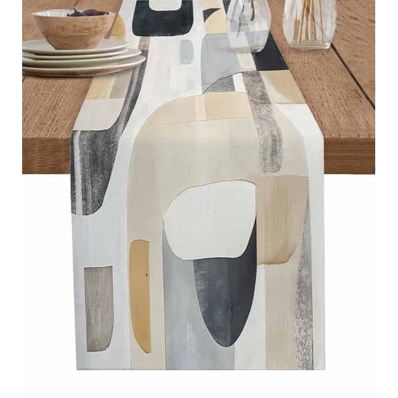 ERUNPONLY Abstract Boho Table Runner - 108 Inch Long Modern Grey Brown Geometric Art Cotton and Linen Blended Dress Scarves Farmhouse Table Runner for Kitchen Dining, Coffee Table, 13"x108"