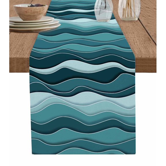 ERUNPONLY Abstract Turquoise Moire Table Runner - 70 Inch Long Gradient Coastal Ocean Geometric Cotton Linen Blended Dress Scarves Farmhouse Table Runner for Kitchen Dining, Coffee Table, 13"x70"