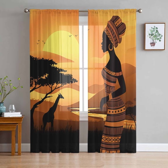 ERUNPONLY Africa Black Women Sheer Curtains 63 Inch Length 2 Panels Set, African Native Ethnic Sunset Voile Window Treatment Curtains Sheers Drapes for Bedroom/Living Room/Kitchen 52x"63"x2