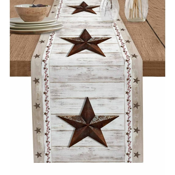 ERUNPONLY American Country Table Runner - 72 Inch Long Farmhouse Barn Star Brown Berry Cotton and Linen Blended Dress Scarves Farmhouse Table Runner for Kitchen Dining, Coffee Table, 14"x72"