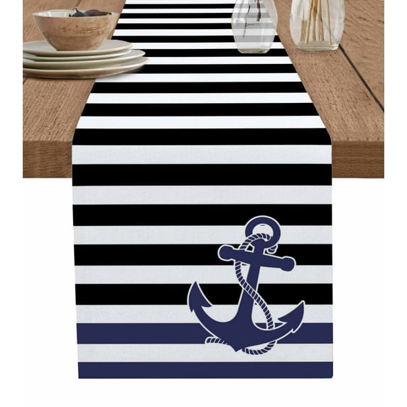 ERUNPONLY Anchor Black Table Runner - 72 Inch Long Modern Navy Blue White Striped Nautical Cotton and Linen Blended Dress Scarves Farmhouse Table Runner for Kitchen Dining, Coffee Table, 16"x72"