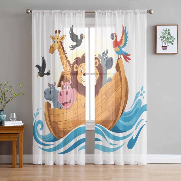 ERUNPONLY Animals Nautical Sheer Curtains 63 Inch Length 2 Panels Set, Cartoon Cute Zoo Boat Aboard Voile Window Treatment Rod Pocket Curtains Sheers Drapes for Bedroom/Living Room/Kitchen 52x"63"x2