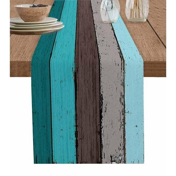 ERUNPONLY Aqua Grey Table Runner - 72 Inch Long Vintage Stripe Farmhouse Wood Grain Ombre Cotton and Linen Blended Dress Scarves Farmhouse Table Runner for Kitchen Dining, Coffee Table, 13"x72"