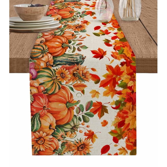 ERUNPONLY Autumn Pumpkin Table Runner - 72 Inch Long Thanksgiving Fall Maple Leaf Sunflower Cotton and Linen Blended Dress Scarves Farmhouse Table Runner for Kitchen Dining, Coffee Table, 14"x72"