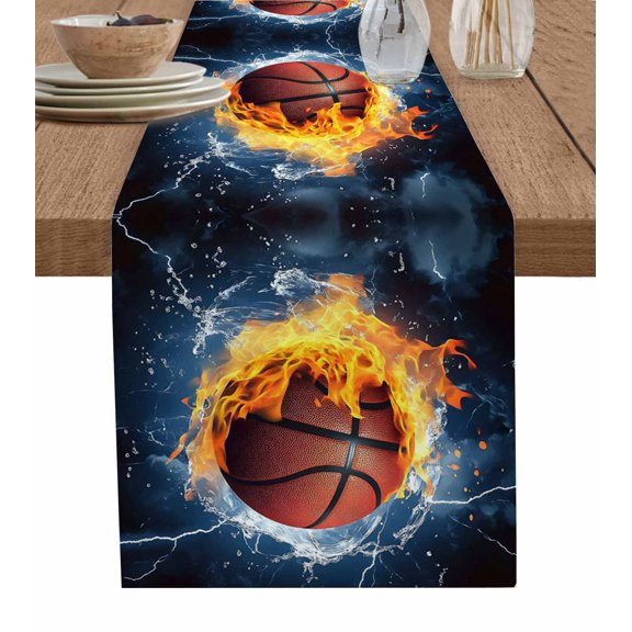 ERUNPONLY Basketball Table Runner - 60 Inch Long Blue Red Water Fire Splashing Cotton and Linen Blended Dress Scarves Farmhouse Table Runner for Kitchen Dining, Coffee Table, 13"x60"