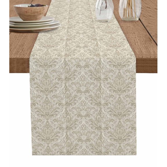 ERUNPONLY Beige Baroque Table Runner - 70 Inch Long Farmhouse Scroll Floral Pattern Art Cotton and Linen Blended Dress Scarves Farmhouse Table Runner for Kitchen Dining, Coffee Table, 13" x 70"