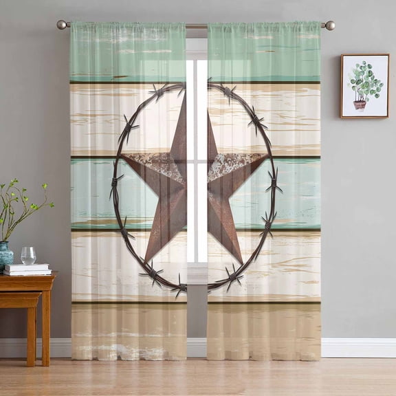 ERUNPONLY Beige Sage Green Texas Star Sheer Curtains 72 Inch Length 2 Panels Set, Vintage Stars Wooden Voile Window Treatment Curtains Sheers Drapes for Bedroom/Living Room/Kitchen 52"x72"x2