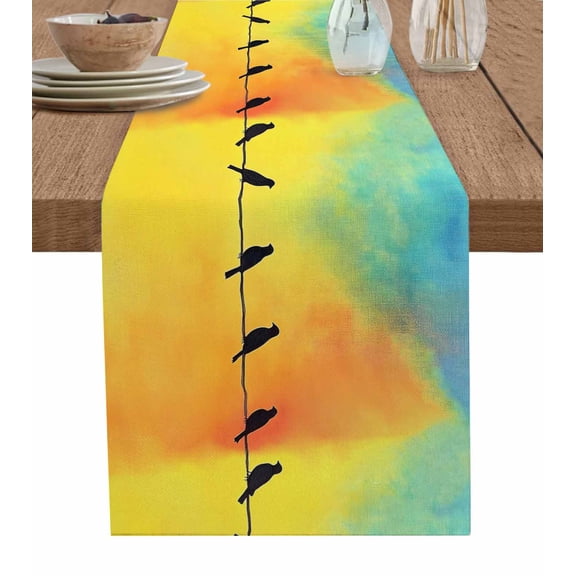 ERUNPONLY Bird Line Abstract Table Runner - 48 Inch Long Orange Blue Ombre Silhouette Cotton and Linen Blended Dress Scarves Farmhouse Table Runner for Kitchen Dining, Coffee Table, 13" x 48"