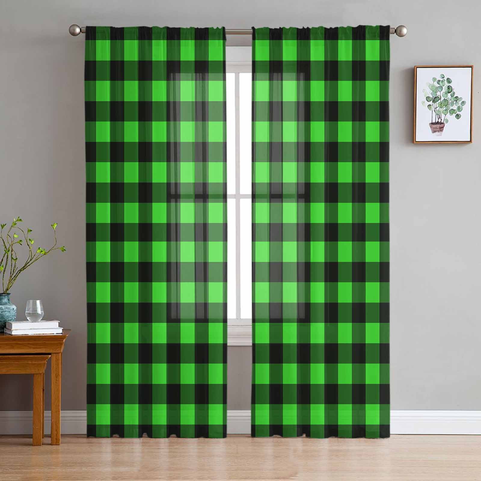 ERUNPONLY Black Green Plaid Sheer Curtains 96 Inch Length 2 Panels Set