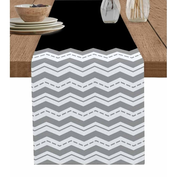 ERUNPONLY Black Grey Table Runner - 72 Inch Long Geometric Chevron Print Wavy Striped White Cotton and Linen Blended Dress Scarves Farmhouse Table Runner for Kitchen Dining, Coffee Table, 14" x 72"