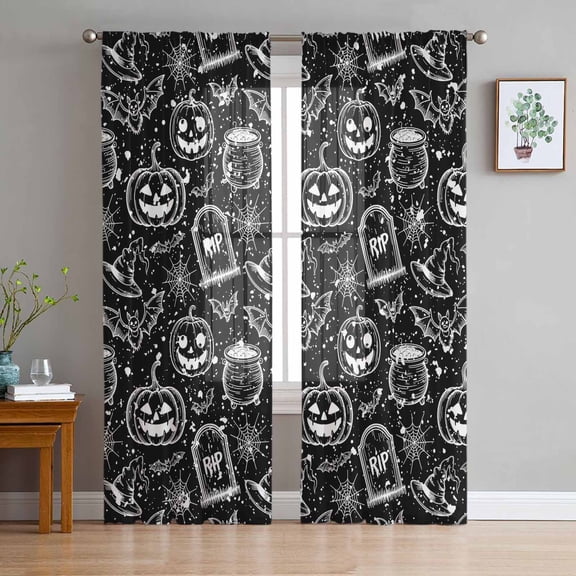 ERUNPONLY Black Pumpkin Halloween Sheer Curtains 84 Inch Length 2 Panels Set, Web Retro Animals Art Voile Window Treatment Rod Pocket Curtains Sheers Drapes for Bedroom/Living Room/Kitchen 52"x84"x2