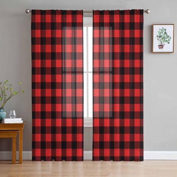 ERUNPONLY Black Red Plaid Sheer Curtains 63 Inch Length 2 Panels Set, Vintage Rustic Buffalo Checked Gingham Voile Window Treatment Curtains Sheers Drapes for Bedroom/Living Room/Kitchen 52x"63"x2