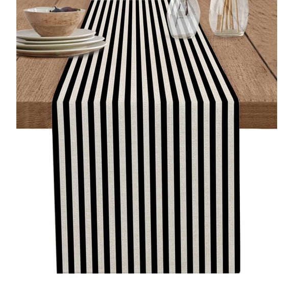 ERUNPONLY Black Striped Table Runner - 72 Inch Long Modern Simple Farmhouse Beige Vintage Cotton and Linen Blended Dress Scarves Farmhouse Table Runner for Kitchen Dining, Coffee Table, 14"x72"