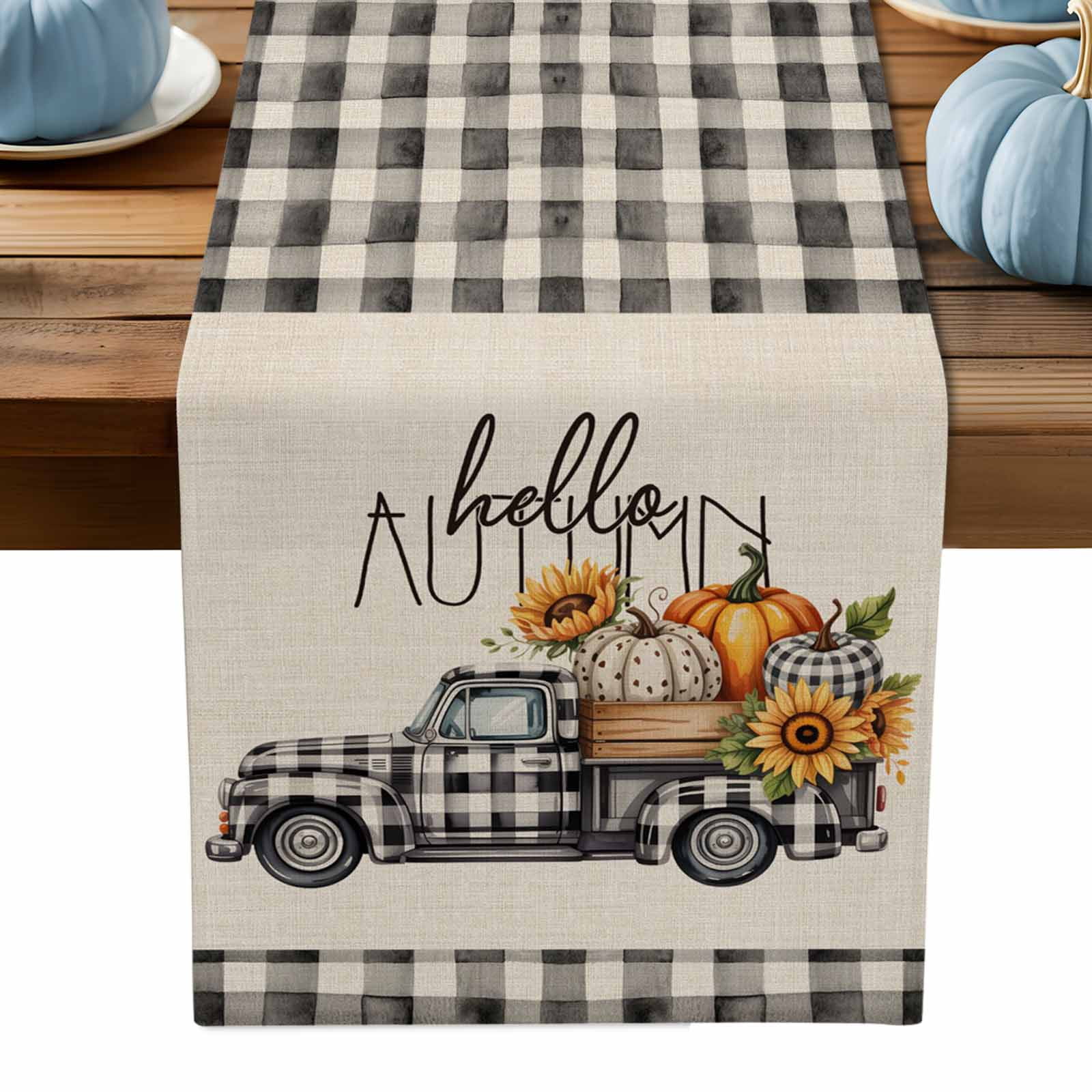 ERUNPONLY Black White Truck Fall Table Runner - 72 Inch Long Pumpkins ...