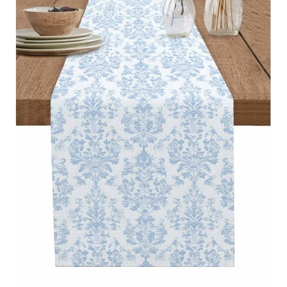 ERUNPONLY Blue Boho Floral Table Runner - 120 Inch Long Farmhouse Middle Century Flowers Cotton and Linen Blended Dress Scarves Farmhouse Table Runner for Kitchen Dining, Coffee Table, 13"x120"