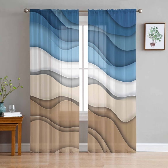 ERUNPONLY Blue Brown Striped Sheer Curtains 84 Inch Length 2 Panels Set, Modern Gradient Abstract Waves Voile Window Treatment Curtains Sheers Drapes for Bedroom/Living Room/Kitchen 52"x84"x2