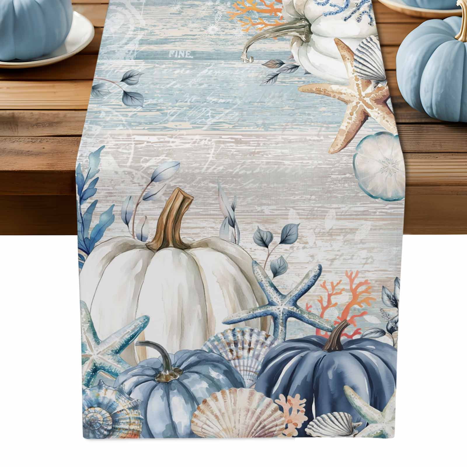 ERUNPONLY Blue Coastal Fall Table Runner - 72 Inch Long Thanksgiving ...