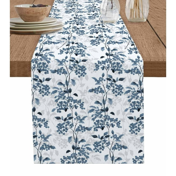 ERUNPONLY Blue Fruit Table Runner - 90 Inch Long Vintage Plant Nature Botanical Flower Floral Cotton and Linen Blended Dress Scarves Farmhouse Table Runner for Kitchen Dining, Coffee Table, 13"x90"