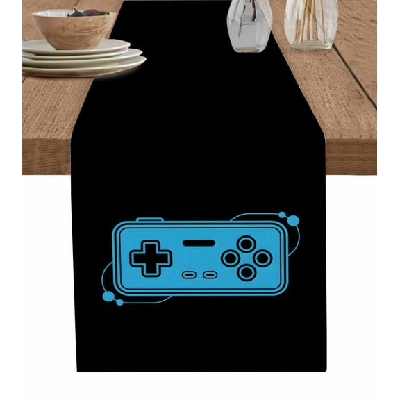 ERUNPONLY Blue Game Handle Table Runner - 72 Inch Long Video Gamer Console Earphones Black Cotton and Linen Blended Dress Scarves Farmhouse Table Runner for Kitchen Dining, Coffee Table, 14"x72"