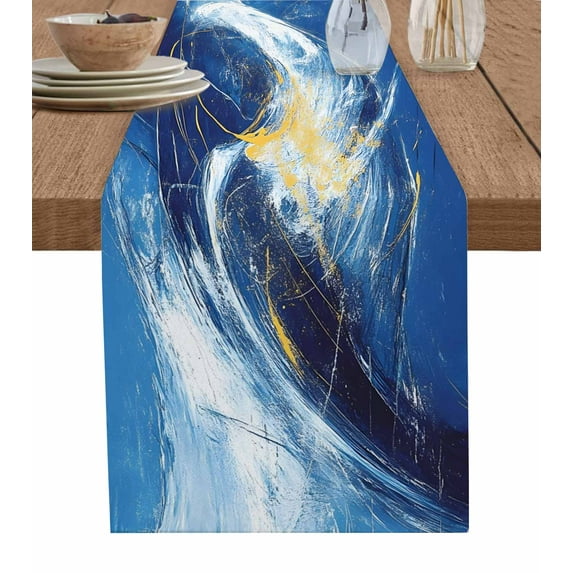ERUNPONLY Blue Gold Coastal Table Runner - 120 Inch Long Summer Abstract Ocean Wave Cotton and Linen Blended Dress Scarves Farmhouse Table Runner for Kitchen Dining, Coffee Table, 13"x120"