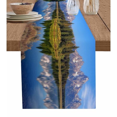 ERUNPONLY Blue Green Mountain Table Runner - 90 Inch Long Pastoral Modern Art Forest Cotton and Linen Blended Dress Scarves Farmhouse Table Runner for Kitchen Dining, Coffee Table, 13"x90"