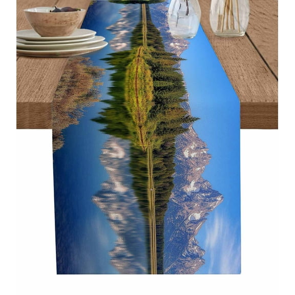 ERUNPONLY Blue Green Mountain Table Runner - 90 Inch Long Pastoral Modern Art Forest Cotton and Linen Blended Dress Scarves Farmhouse Table Runner for Kitchen Dining, Coffee Table, 13"x90"